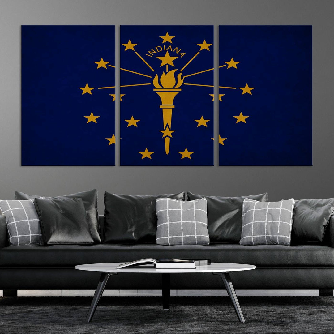 The Indiana States Flag Wall Art Canvas Print, featuring museum-quality canvas with a UV-protective coating, adorns the wall and brings an elegant and charming touch to your living space. Ready to hang, this piece becomes a standout feature in any room.