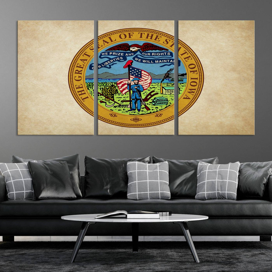 The Iowa USA States Flag Wall Art Canvas Print, beautifully hand-assembled in a framed, museum-quality canvas, is displayed on the wall.