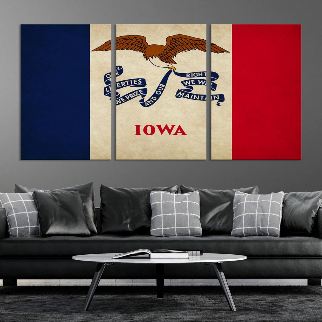 A beautiful Iowa States Flag Wall Art enhances the area, made on museum-quality canvas and boasting a gallery-wrapped design for enduring elegance.