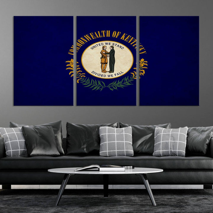 A museum-quality canvas of the Kentucky State Flag Wall Art graces the wall, featuring a UV-protective coating to maintain its vivid colors. Benefit from free shipping on this impressive home decor piece.