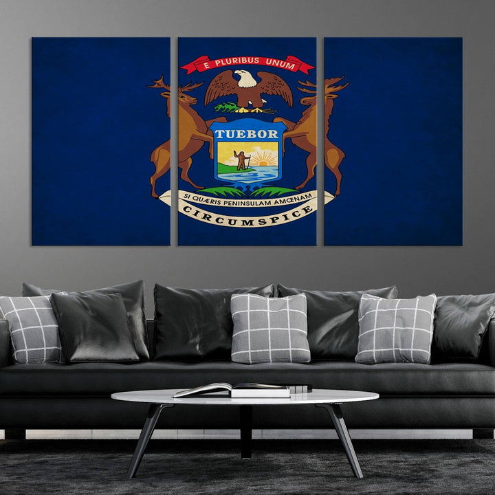 A piece of Michigan State Flag Wall Art on museum-quality canvas features a UV-protective coating to maintain its vibrant colors.