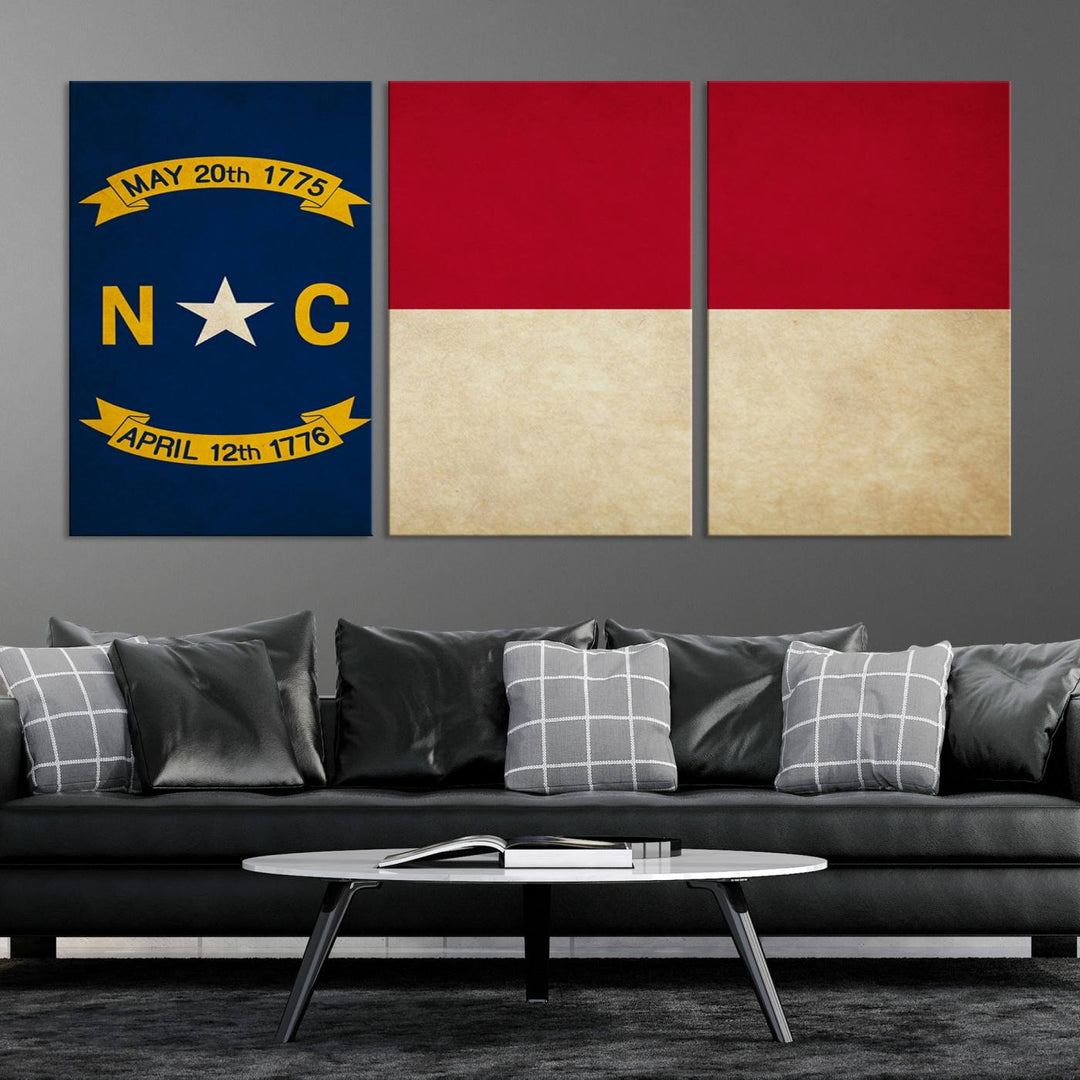 A museum-quality North Carolina State Flag Wall Art Canvas Print graces the wall, adding charm and character to any living space. Enjoy free shipping on this timeless piece.