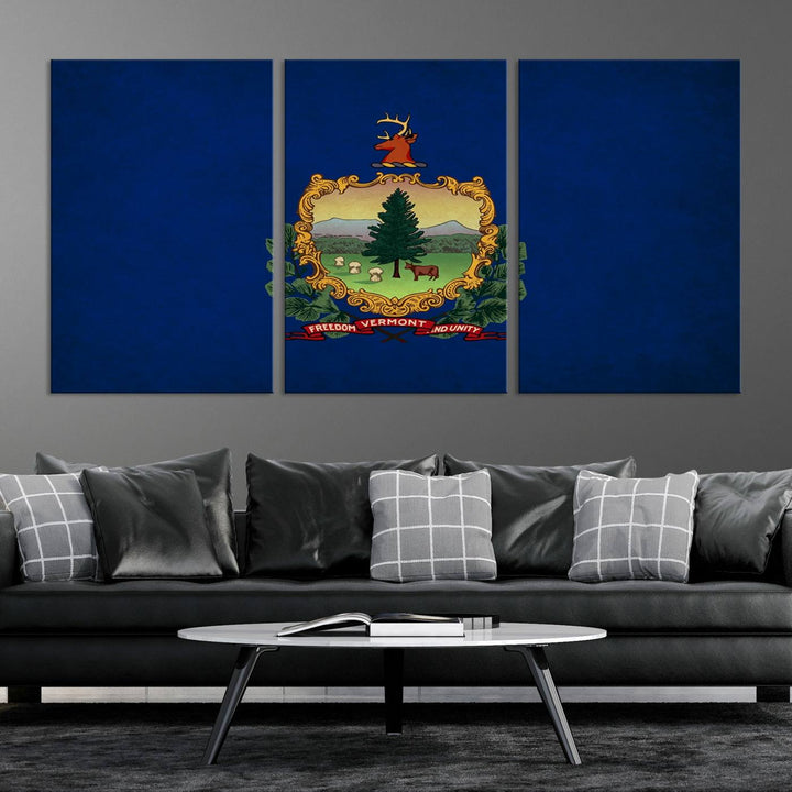 The Vermont Flag Wall Art Canvas Print is a museum-quality piece enhanced with UV-protective finishes, offering both style and durability. Enjoy free shipping on this classic decor addition.