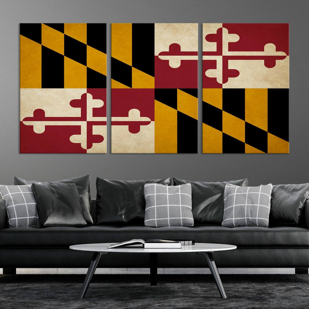 The Maryland Flag Wall Art Canvas Print, boasting a UV-protective coating for vibrant colors and durability, is a museum-quality piece offered with free shipping, making it the perfect addition to your space.