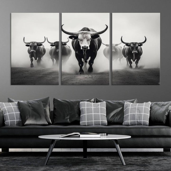 The Texas Longhorn Cow Animal Wall Art Canvas Print beautifully embellishes the area with its depiction of longhorn cattle in a misty setting, seamlessly integrating Western decor into the space.