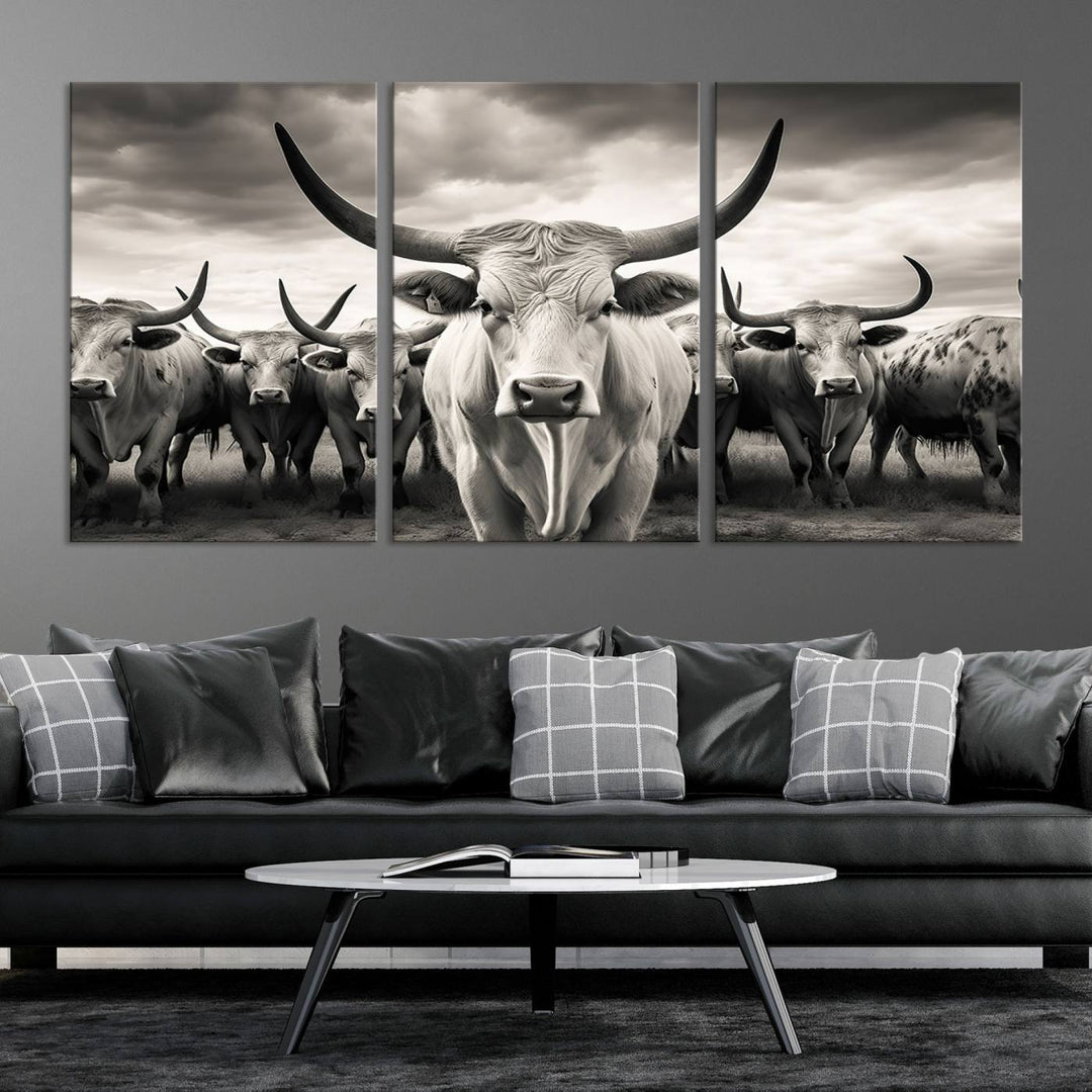 A Texas Longhorn Cow Animal Wall Art Canvas Print introduces a Western-themed accent.