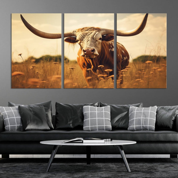 Cow Bighorn Wall Art Canvas Print, Longhorn Texas Cow Animal Canvas Print