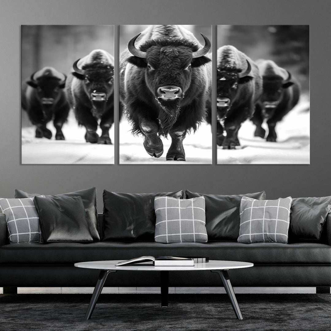 A modern living room features a striking black-and-white American Bison Art | Buffalo Herd Wall Art Canvas Print on the wall.