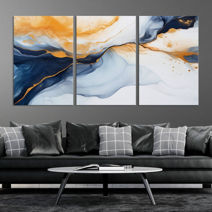 Modern living room featuring the 'Extra Large Orange Navy Blue Abstract Wall Art Canvas Print.'