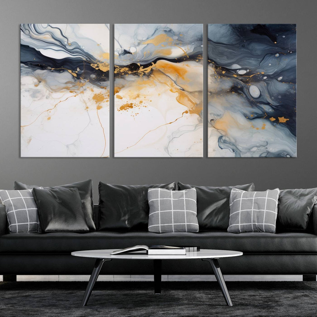 The Dark Blue and Orange Abstract Wall Art, featuring museum-quality canvas with captivating dark and golden swirls, is ready to hang and boasts a UV-protective coating to ensure enduring vibrancy and sophistication.