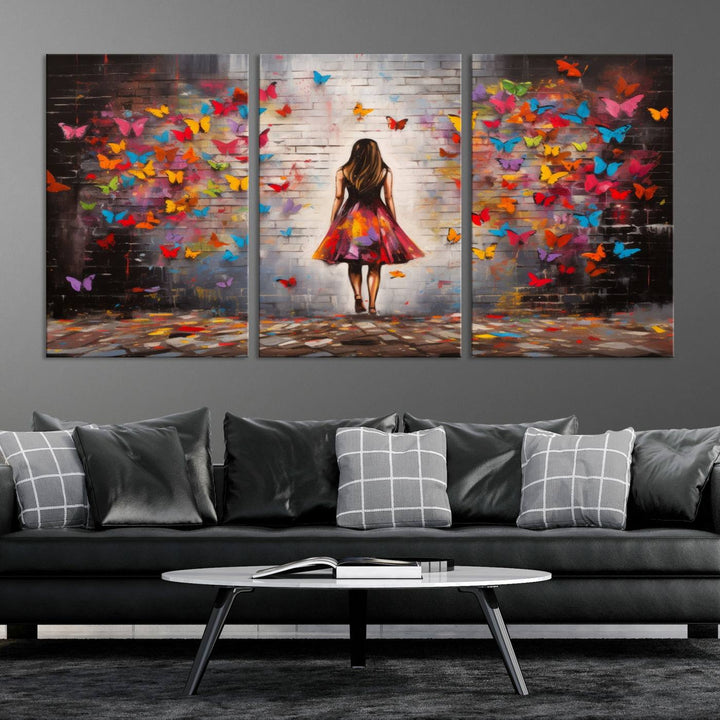 A vibrant artwork titled "Graffiti Wall Art Canvas Print Girl Butterfly Graffiti Abstract Canvas Print" is displayed above the couch. This gallery-wrapped masterpiece, printed on museum-quality canvas, features a UV-protective coating to preserve its vivid beauty.