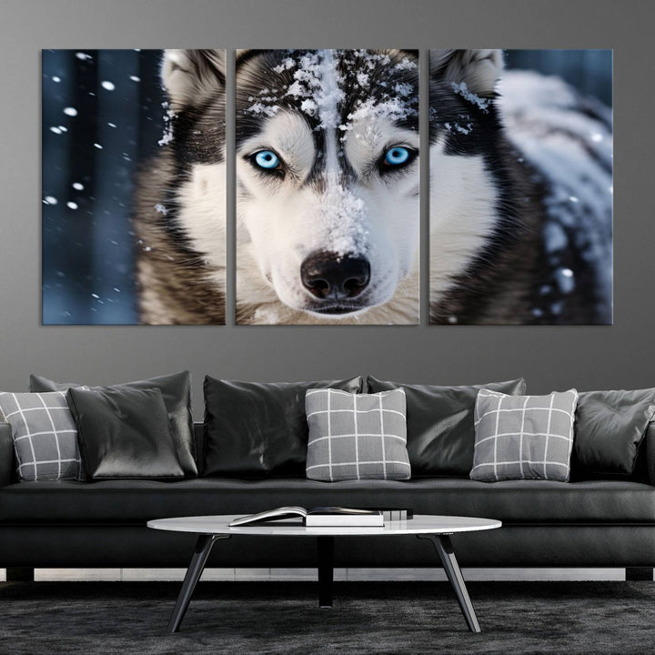 A digital art piece titled "Winter Siberian Husky Wolf Wall Art Canvas Print" showcases a blue-eyed husky blanketed in snow. Printed on high-quality canvas, it is an ideal choice for nature and dog enthusiasts.