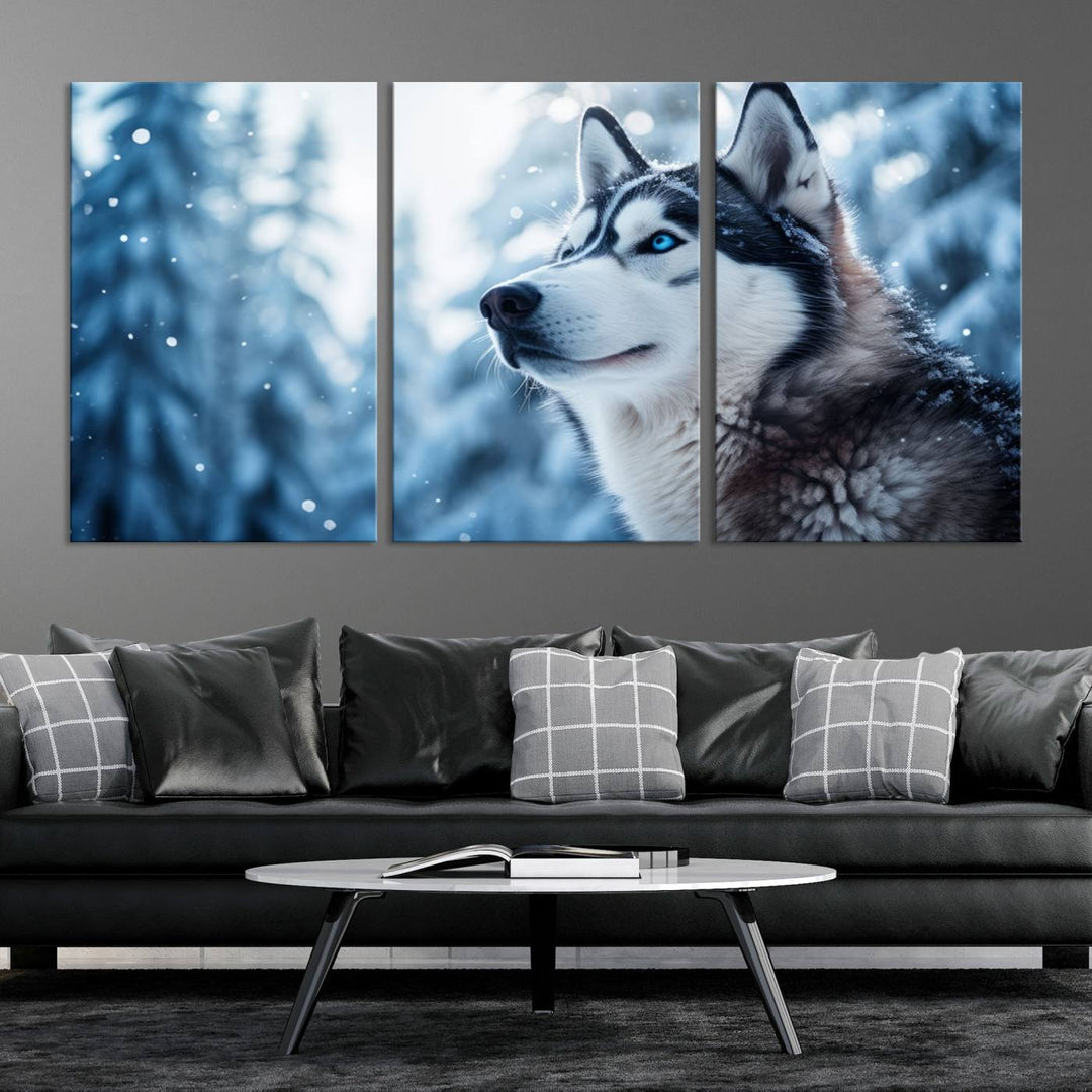 The "Winter Siberian Husky Wolf Wall Art Canvas Print" is elegantly displayed, enhancing the room's cozy ambiance in a snowy forest setting.