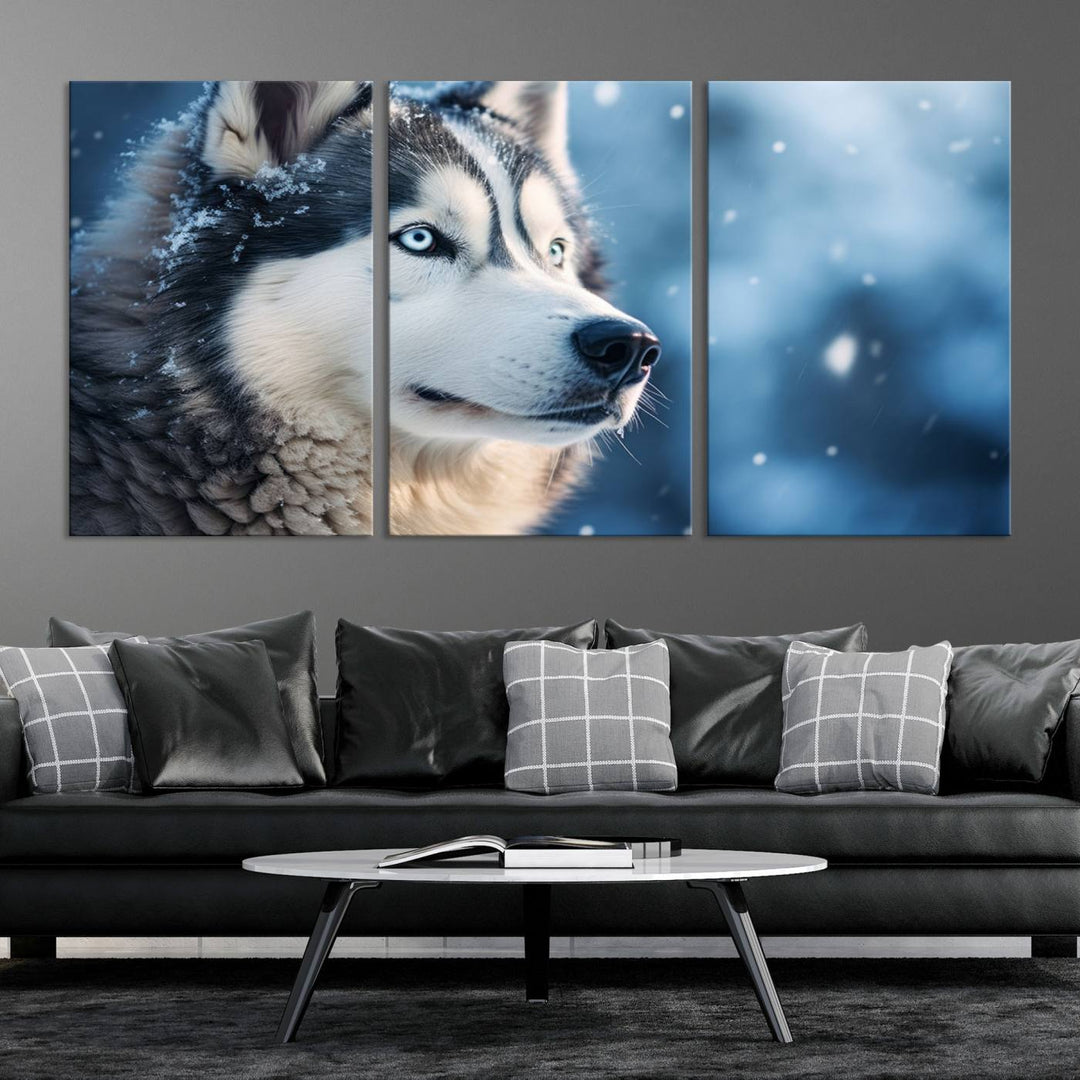 The space above the sofa features the Winter Siberian Husky Wolf Wall Art Canvas Print, creating a stunning snowy scene.