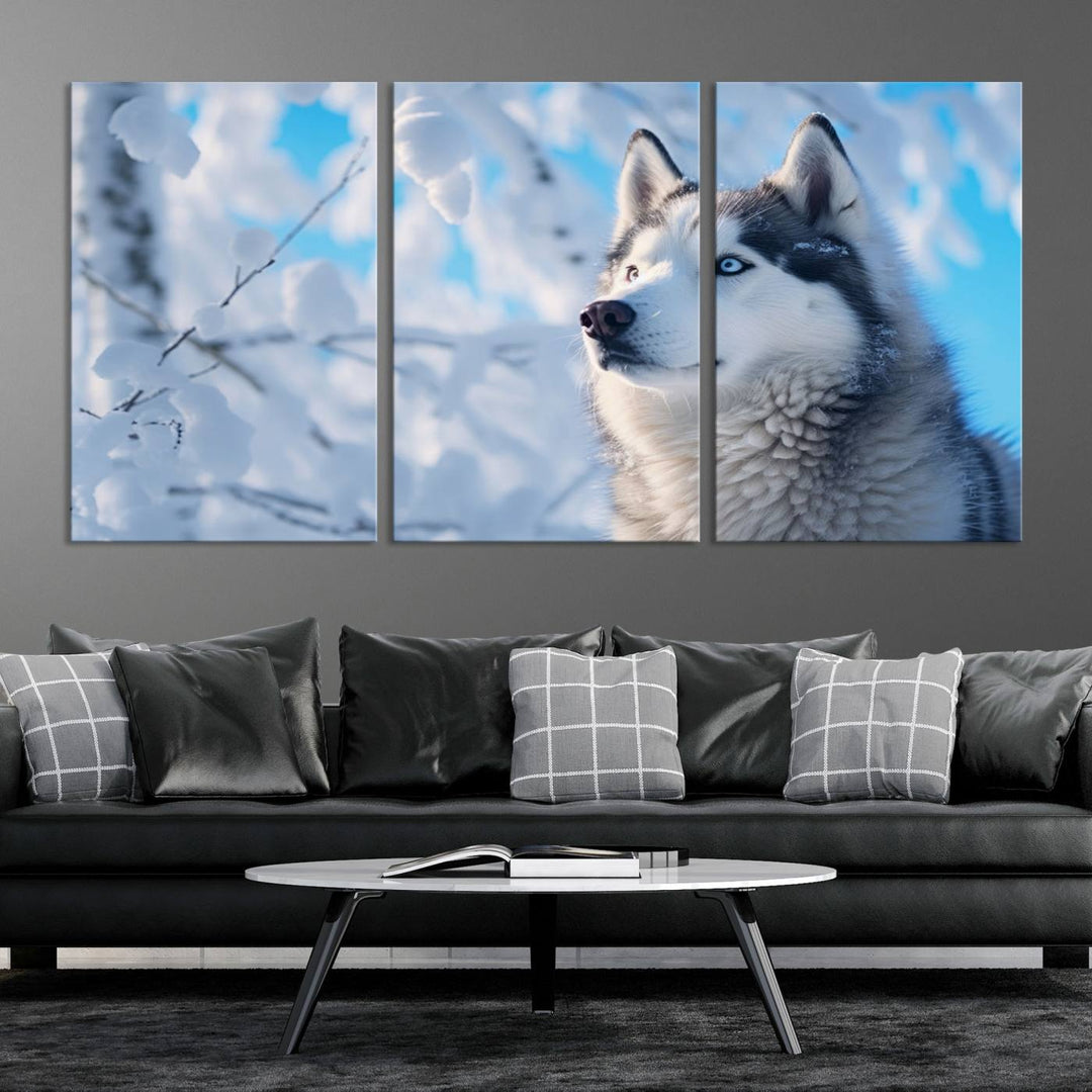 The Siberian Husky Art Canvas elegantly enhances the room.