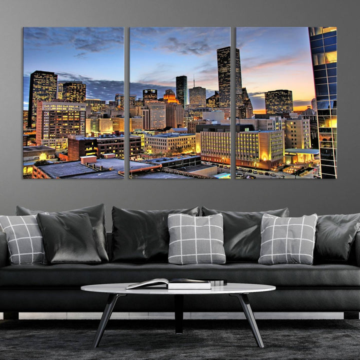 The modern living room features the Houston Wall Art Canvas Print on the wall. This professional craftsman framed masterpiece depicts a cityscape and is created with museum-quality polycotton canvas, ensuring a polished look that enhances its elegant charm.