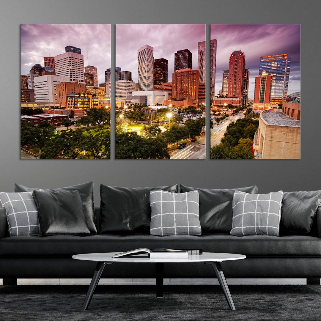 The Houston Wall Art Canvas Print in the living room displays a vibrant city skyline at twilight on museum-quality canvas with UV-protective coating.