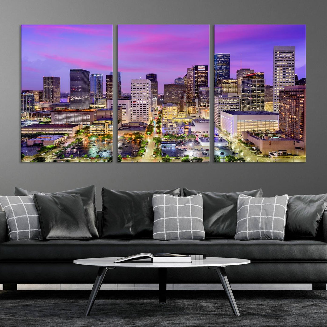 Houston Wall Art Canvas Print showcasing a vibrant cityscape at dusk on museum-quality canvas, expertly crafted by professional craftsmen.