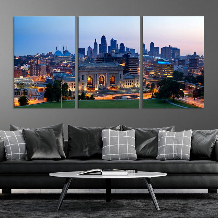 The Kansas City Skyline Canvas Wall Art Print hangs above, showcasing an iconic dusk cityscape with a historic building in the foreground, exuding urban sophistication.