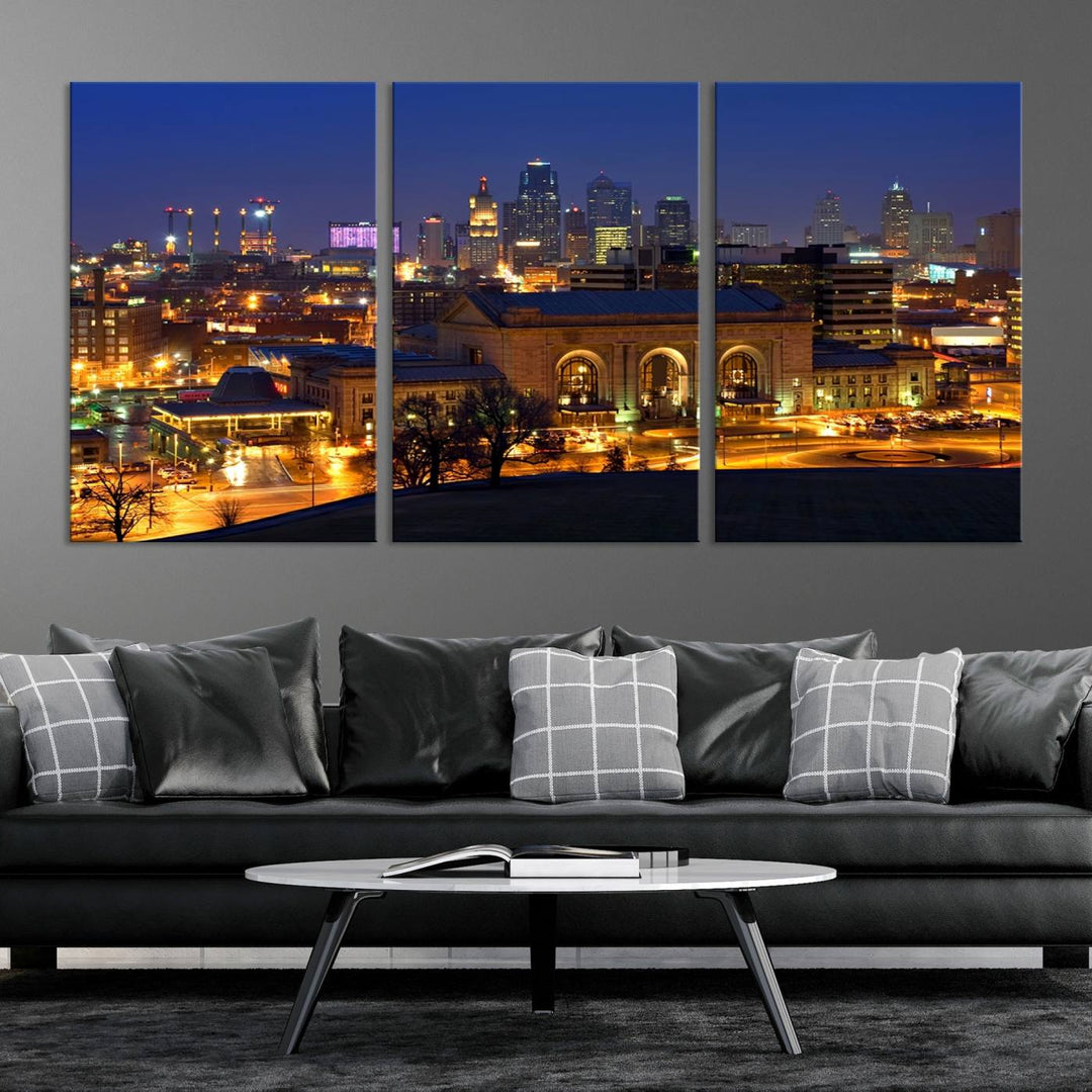 The Kansas City Night Canvas Print Wall Art creates a scene as captivating as museum-quality art, showcasing a city skyline at night with illuminated buildings.