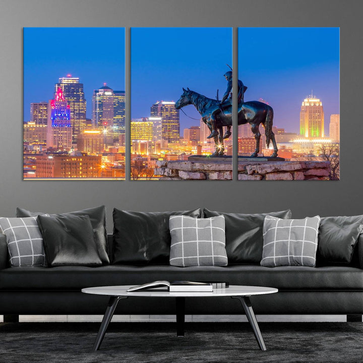 A large Kansas City Night Canvas Print Wall Art adorns the wall, gallery wrapped and finished with a UV-protective coating for lasting vibrancy.