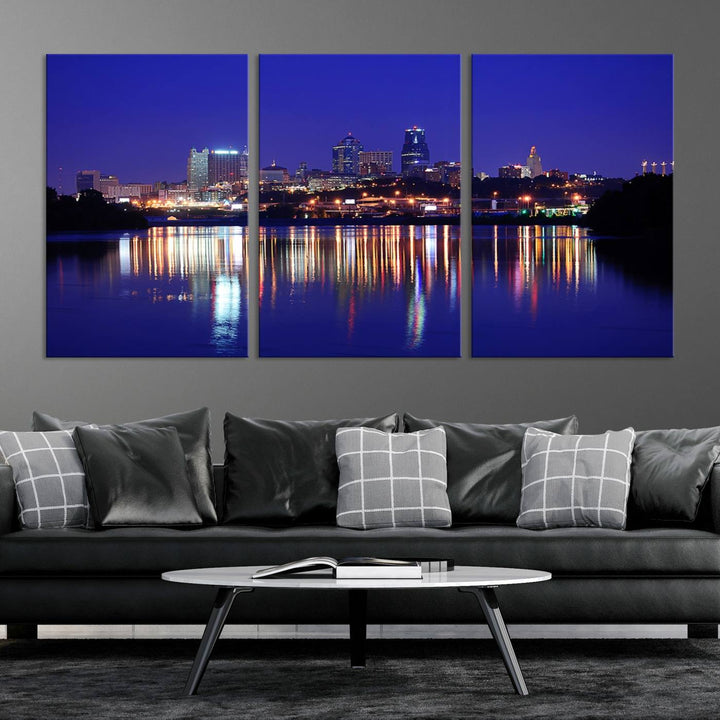 The Kansas City Night Canvas Print Wall Art captures the shimmering city skyline on the calm water, where every detail resembles a museum-quality polycotton masterpiece.