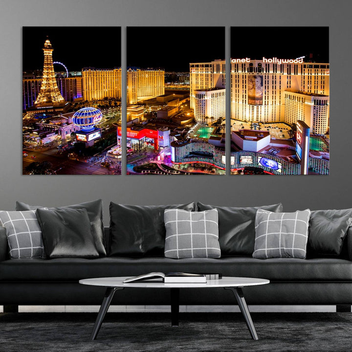 The Las Vegas Wall Art Canvas Print is a triptych set that showcases a stunning night view of Las Vegas. The illuminated buildings and the iconic faux Eiffel Tower add elegance to any space. Each piece comes with a UV-protective coating and is ready to hang, ensuring both style and durability.