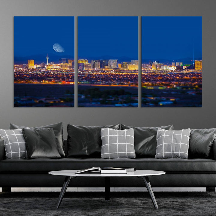 The Las Vegas Wall Art Canvas Print, depicting a city skyline at night, enhances a modern living room with its museum-quality canvas. This triptych comes ready to hang and boasts a UV-protective coating for lasting brilliance.