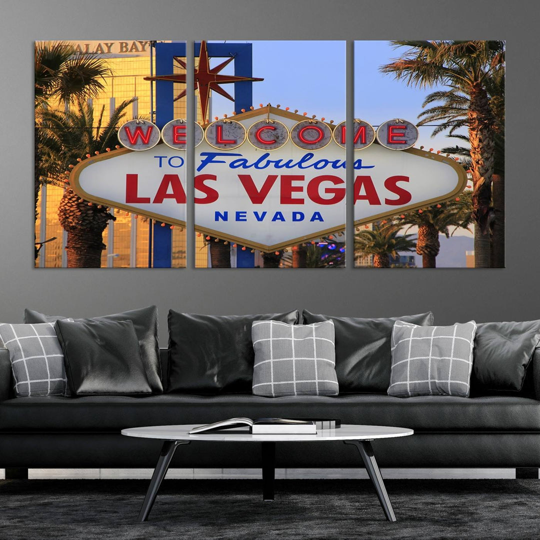 A Las Vegas Wall Art Canvas Print hangs on the wall, showcasing the iconic Welcome to Fabulous Las Vegas, Nevada sign. The museum-quality canvas guarantees vibrant colors with its UV-protective coating and is available with free shipping for added convenience.