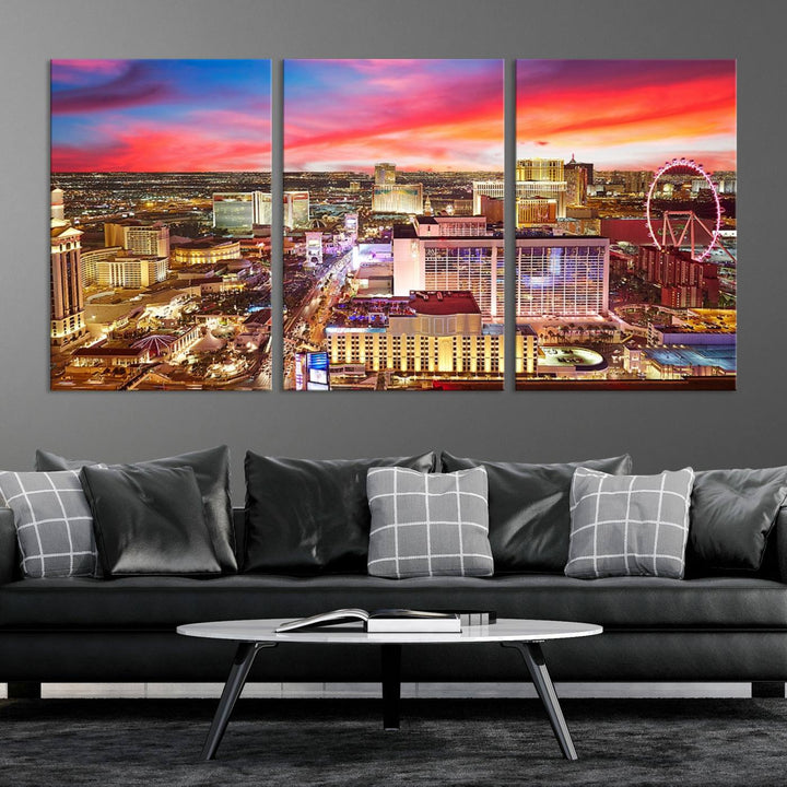 Las Vegas Wall Art Canvas Print depicting a vibrant cityscape at dusk on museum-quality canvas with a UV-protective coating, showcasing a skyline with colorful clouds.