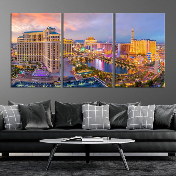 The gallery-wrapped triptych of the Las Vegas Wall Art Canvas Print, depicting the colorful skyline at sunset, adds a vibrant touch to the room. This artwork is crafted on museum-quality canvas and features a UV-protective coating for lasting durability.