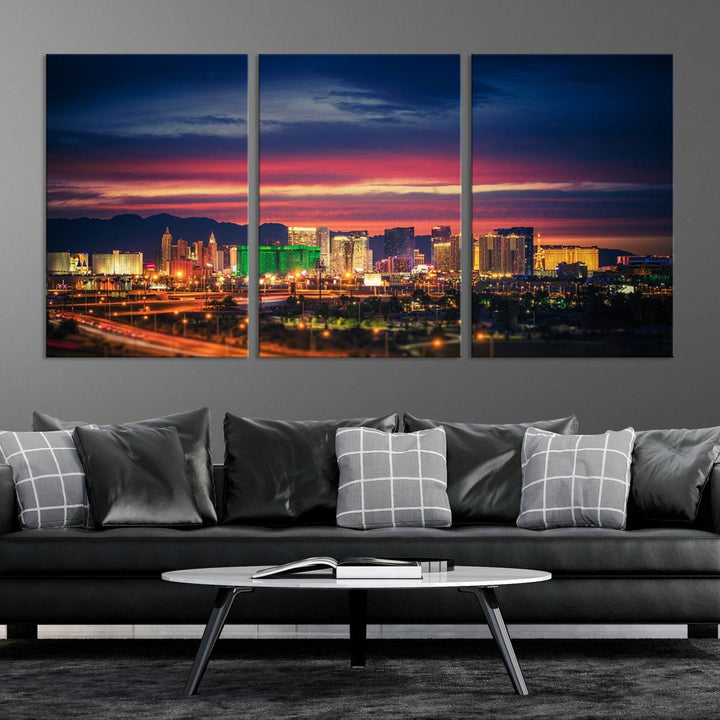 The living room is adorned with the Las Vegas Wall Art Canvas Print, a triptych showcasing a cityscape at sunset. This piece is crafted on museum-quality canvas and protected by a UV-coated finish, highlighting the craftsmanship of a skilled professional.