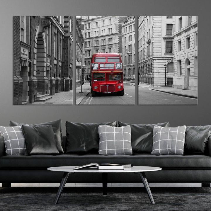 The living room features museum-quality London Red Bus Wall Art, showcasing a split canvas print of a red bus on a black and white city street. This artwork is ready to hang and includes a UV-protective coating to ensure long-lasting vibrance.