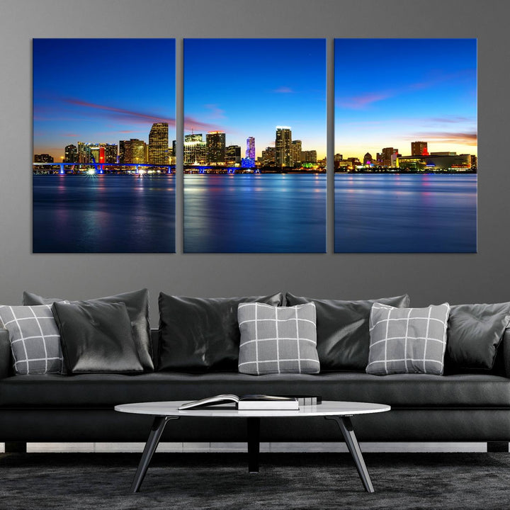 The living room features a Miami City Wall Art Canvas Print—a gallery-wrapped triptych displaying a city skyline at dusk, adding museum-quality elegance to the space.