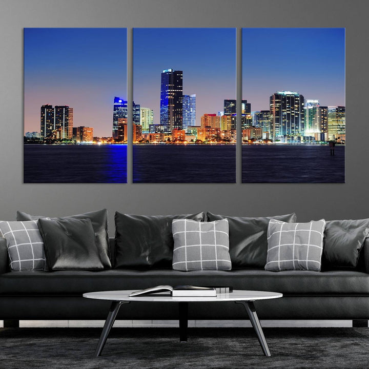 Miami City wall art canvas print showcasing a city skyline at dusk. Crafted on museum-quality canvas and designed to be ready to hang, it offers effortless elegance for your interior decor.