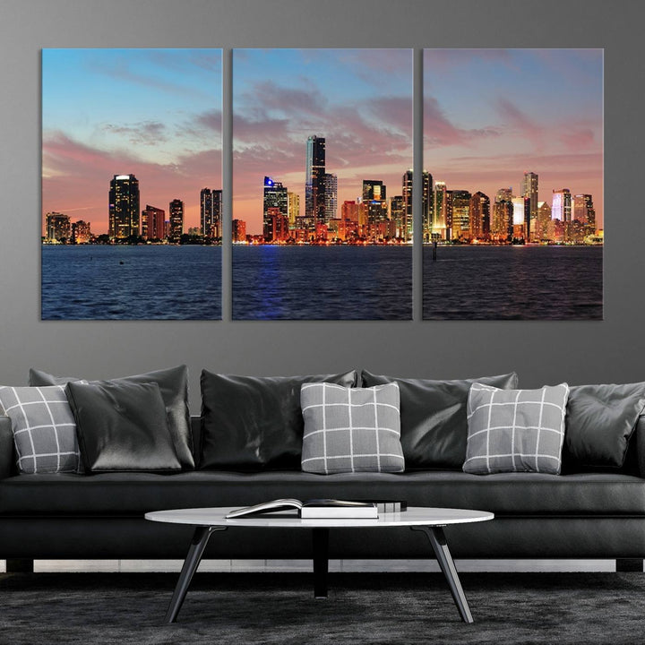 The Wall Art MIAMI Canvas Print emphasizes a vibrant cityscape at sunset. This artwork is presented on museum-quality canvas with gallery-wrapped edges, ensuring it stands out while maintaining its pristine condition for years to come.