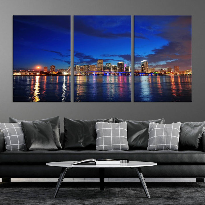 A large Miami City View Wall Art Canvas Print featuring the Miami City Skyline Panorama at night is displayed above the dresser.