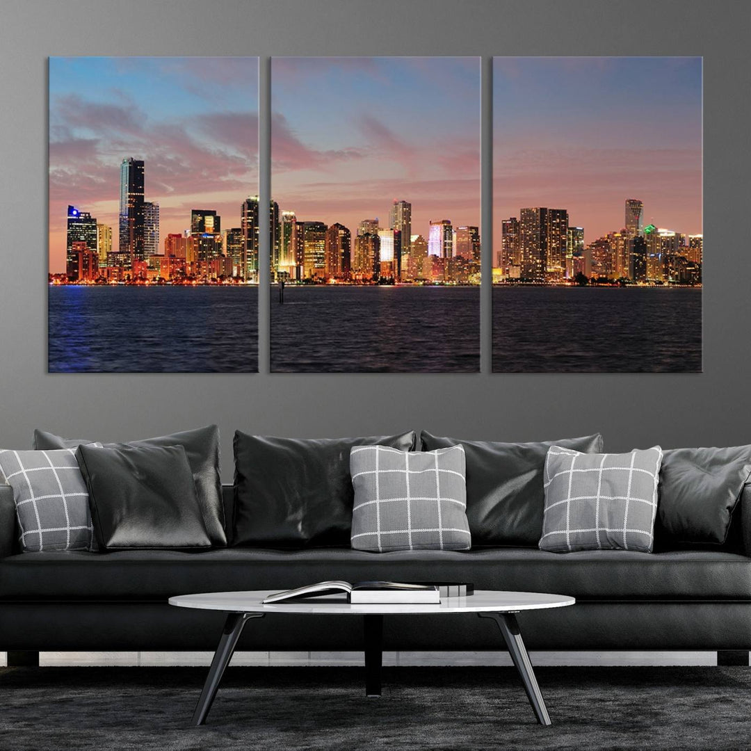 The living room features a gallery-wrapped triptych of the Miami City Wall Art Canvas Print above the sofa.