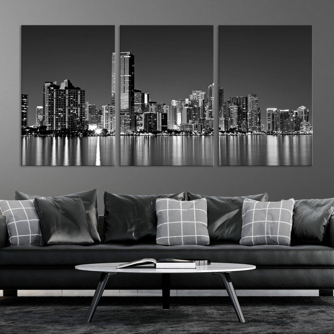 The Miami City Wall Art Canvas Print, a stunning triptych of the Miami skyline, elegantly hangs in this modern living room.