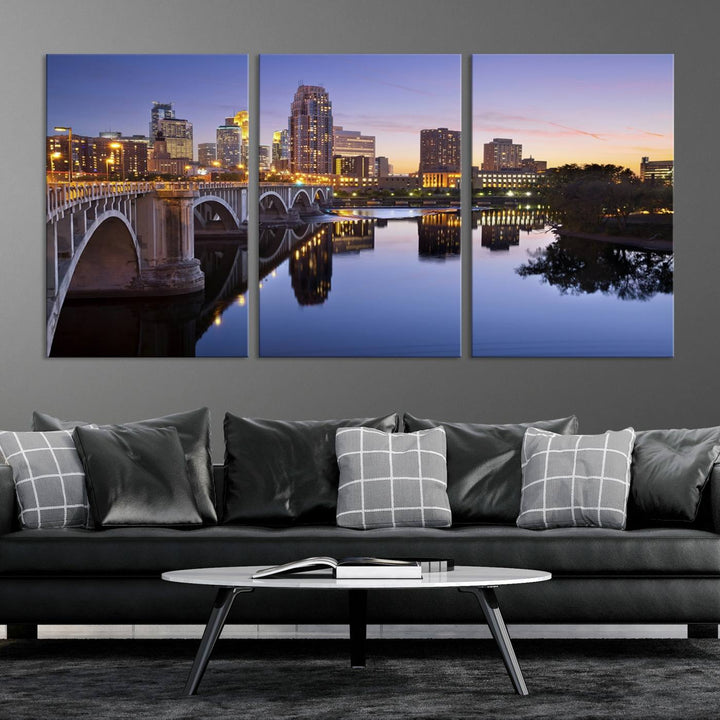 Display the Minneapolis Wall Art Canvas Print, featuring the Minnesota cityscape at dusk, on gallery-wrapped, museum-quality canvas.