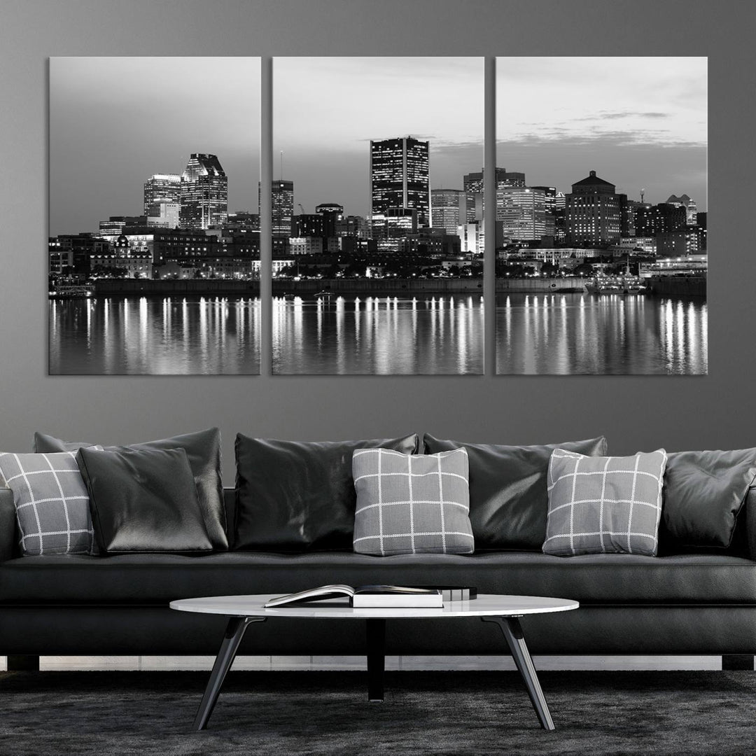 The "Montreal Canada City Wall Art," a black and white triptych of a city skyline at night, elegantly captures the reflections in water.