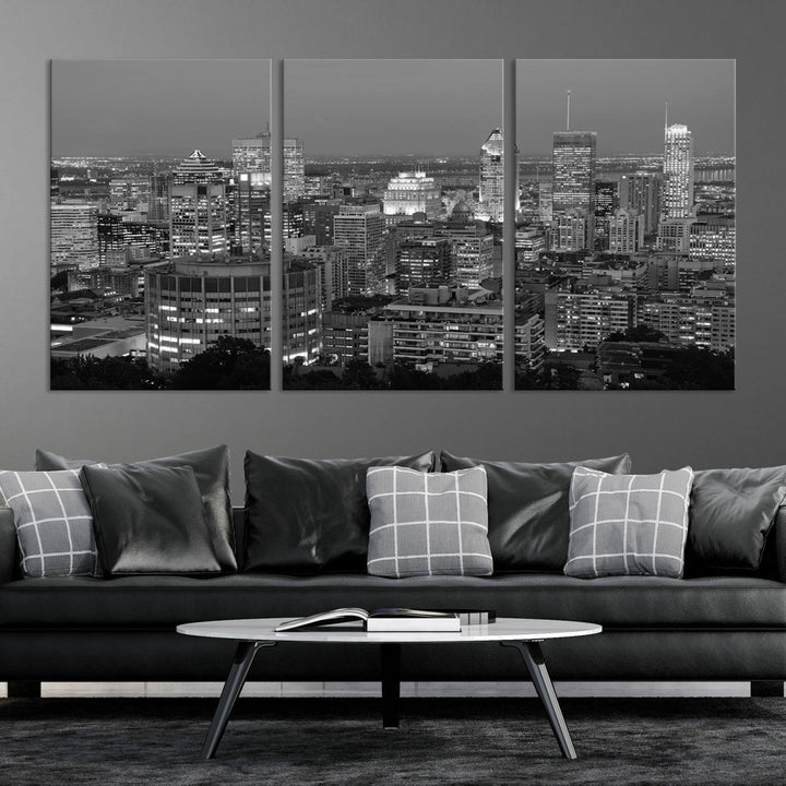 The gallery-wrapped, museum-quality canvas print features the Montreal Canada City Wall Art, showcasing a cityscape at night in black and white.