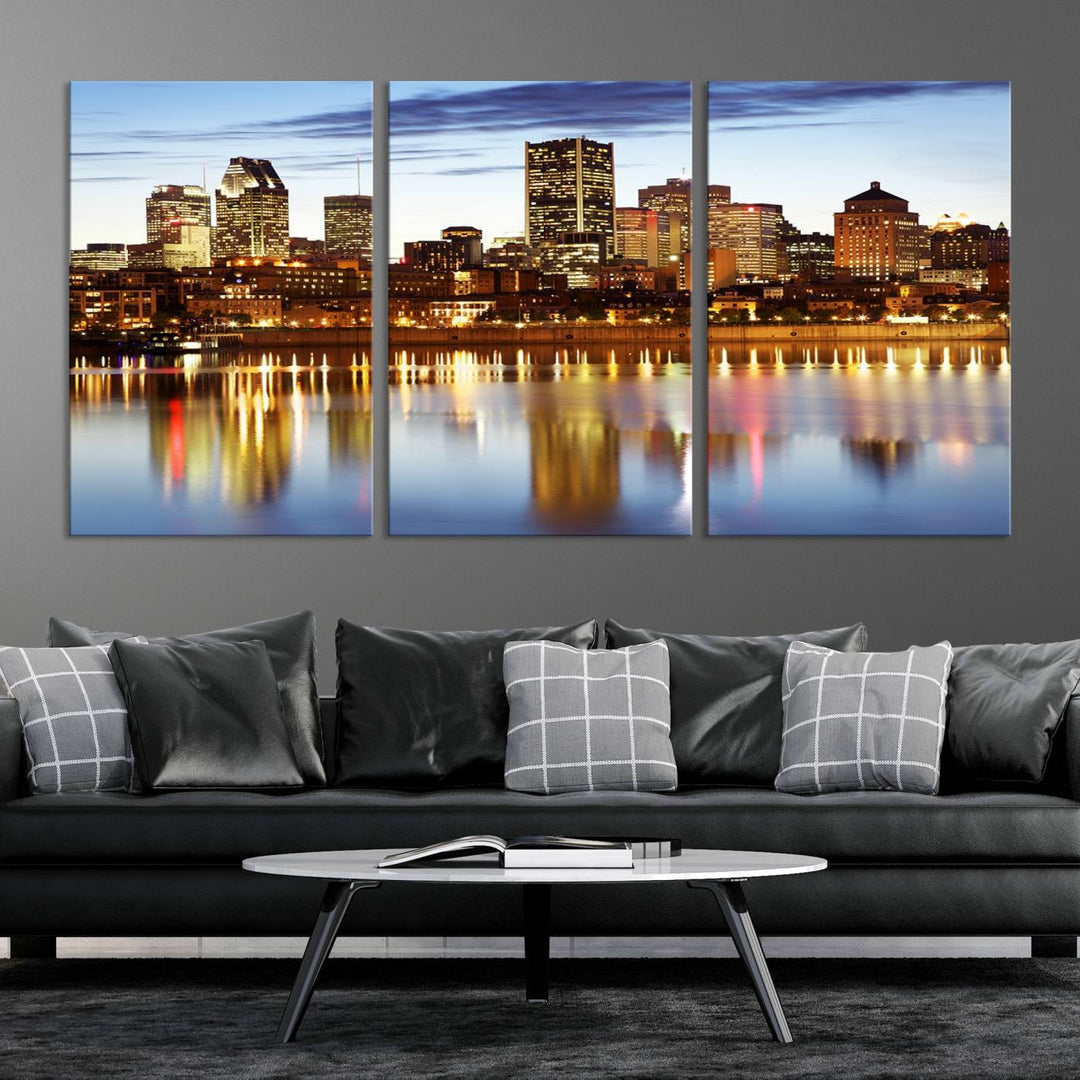 A Montreal Canada City Wall Art Canvas Print, depicting the cityscape at dusk and reflecting in calm waters, is crafted with museum-quality canvases and a UV-protective coating. This remarkable piece guarantees vibrant colors that remain stunning and ready to hang for years to come.