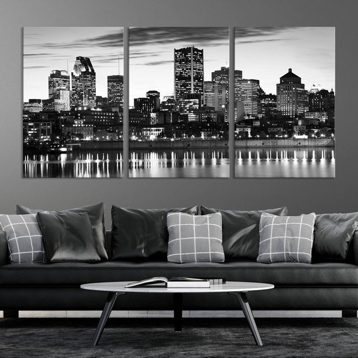 The contemporary living room features the Montreal Canada City Wall Art Canvas Print, an elegantly gallery-wrapped triptych on museum-quality canvas, prominently hung above.