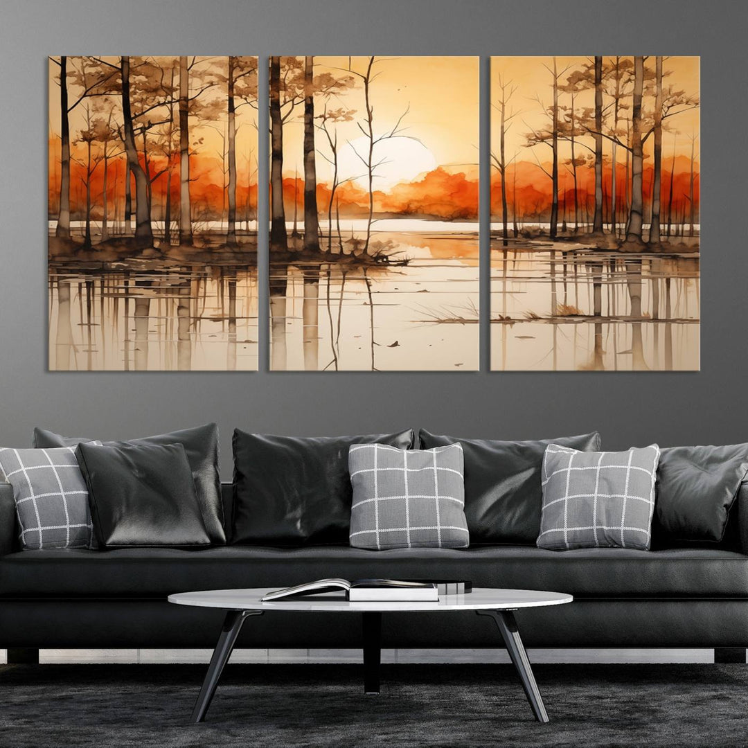 An Abstract Watercolor Trees and Sunset on Lake Wall Art Canvas Print, created on museum-quality canvas.