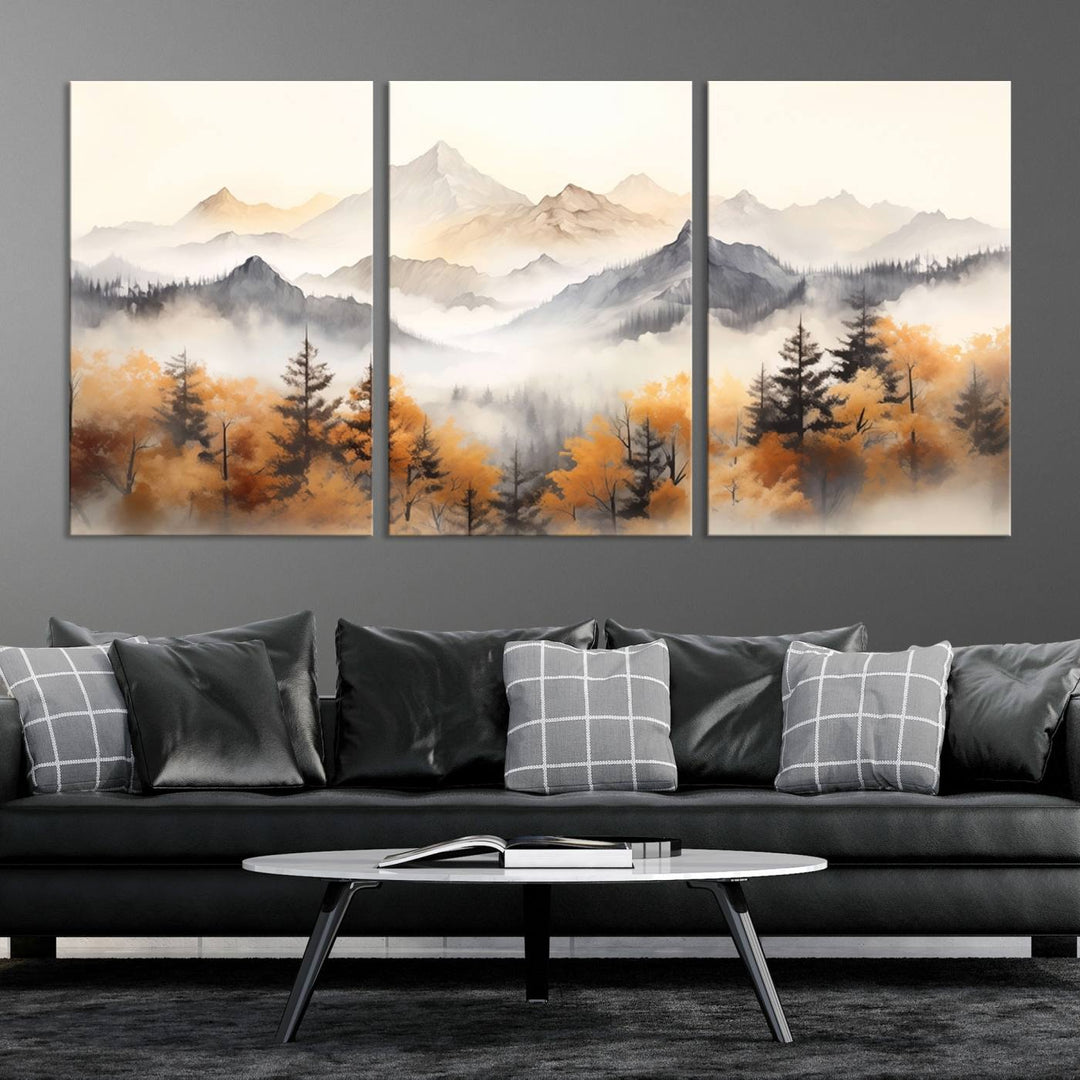 Art mural abstrait aquarelle montagnes et arbres automne