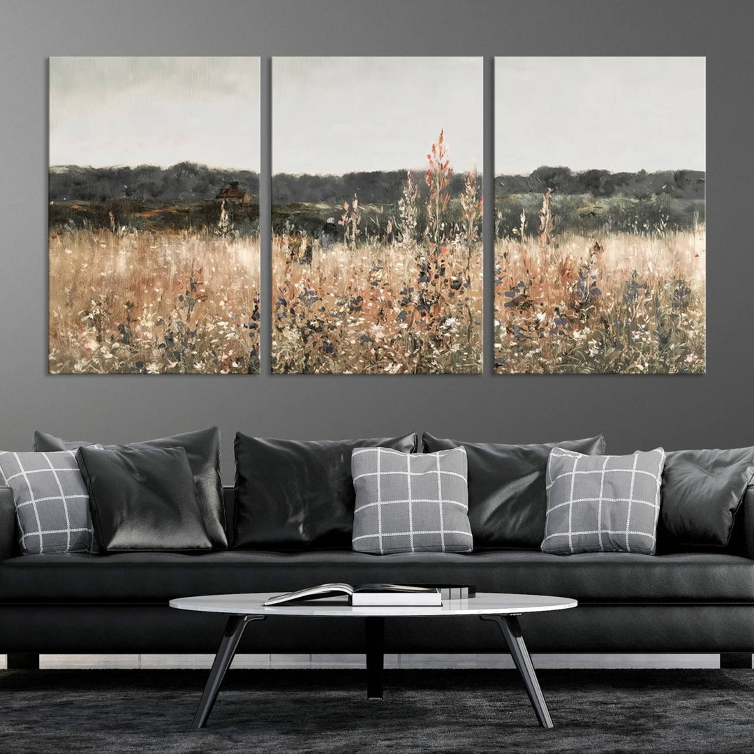 Abstract Wildflower Field Landscape Oil Painting Print, Country Field Wall Art - Framed Ready to Hang