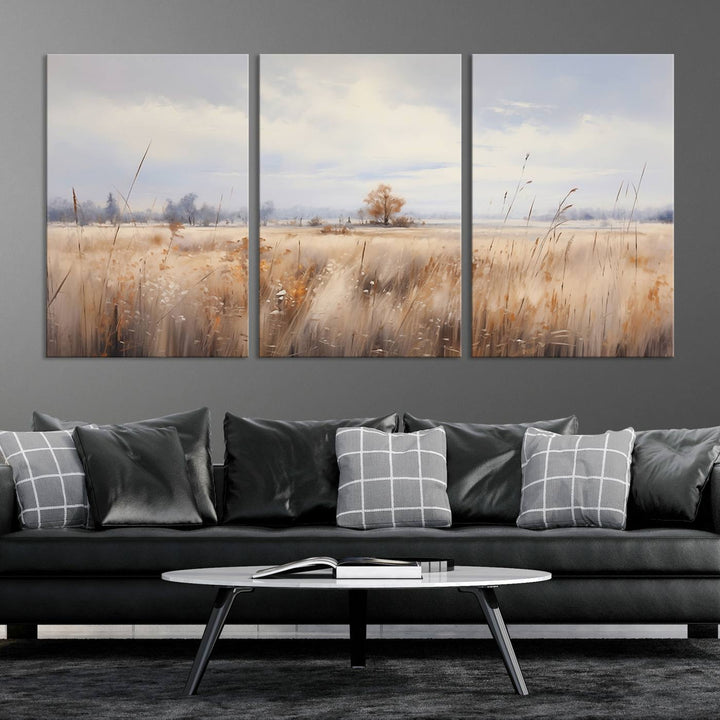 The modern living room features the Golden Fields Canvas Wall Art Print – Serene Landscape of Nature’s Tranquility in Minimalist for Farmhouse Decor, showcasing serene golden fields that enhance the calming ambiance.