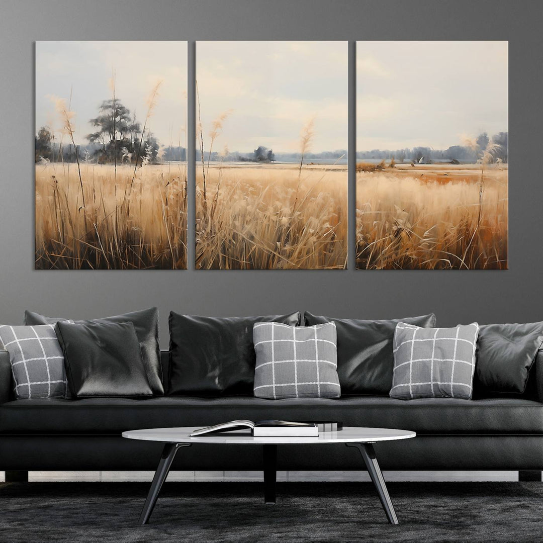 A Wildflower Field Landscape Oil Painting, showcasing a vintage art print of a serene field with tall grasses and distant trees, is beautifully presented on museum-quality canvases with gallery-wrapped edges.