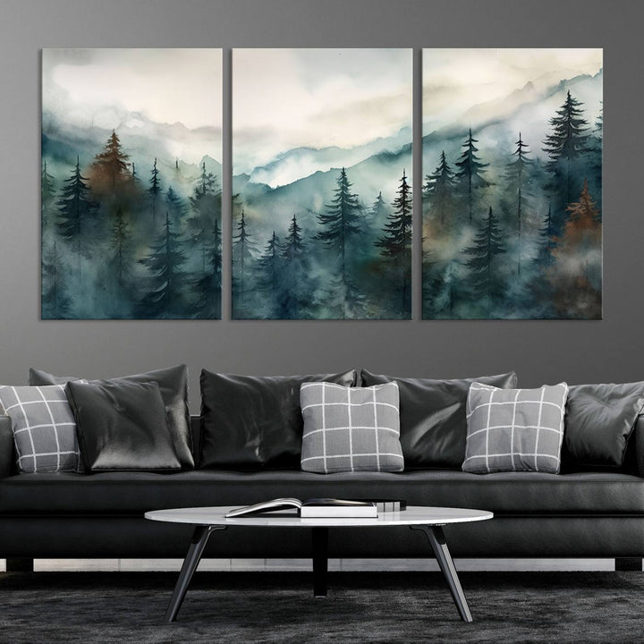 A set of Serenity Forest Wall Art Canvas prints, showcasing foggy mountain landscapes, is displayed in the living room.